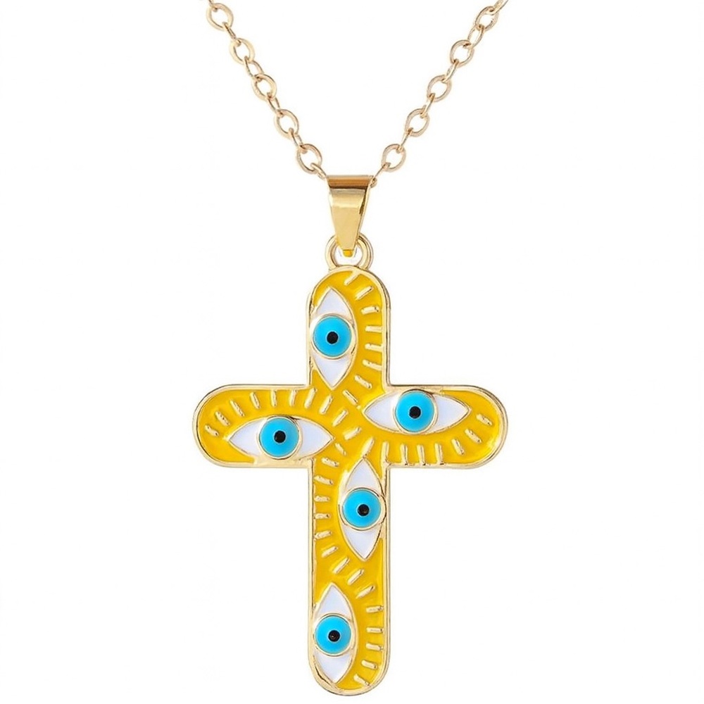 Gold Enamel Cross Pendant Necklace with Yellow Evil Eye Design ✨